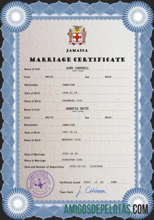 Realista modelo PSD de certidão de casamento da Jamaica